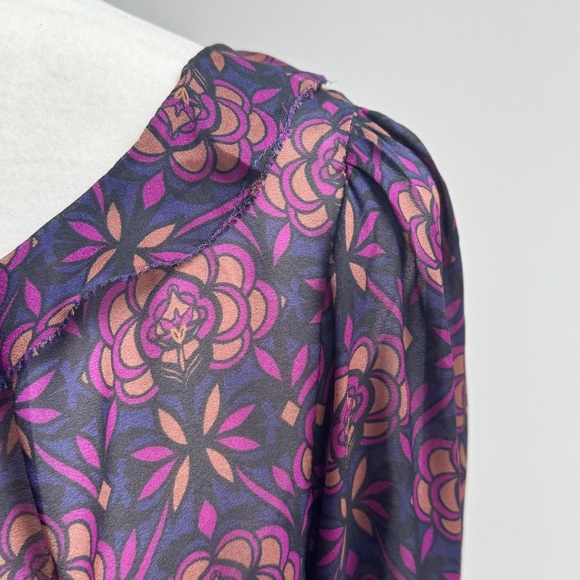 LOFT | Purple/Multicolor Floral Ruffle Collar Long Sleeve Semi-Sheer Blouse NWT - Picture 3 of 12
